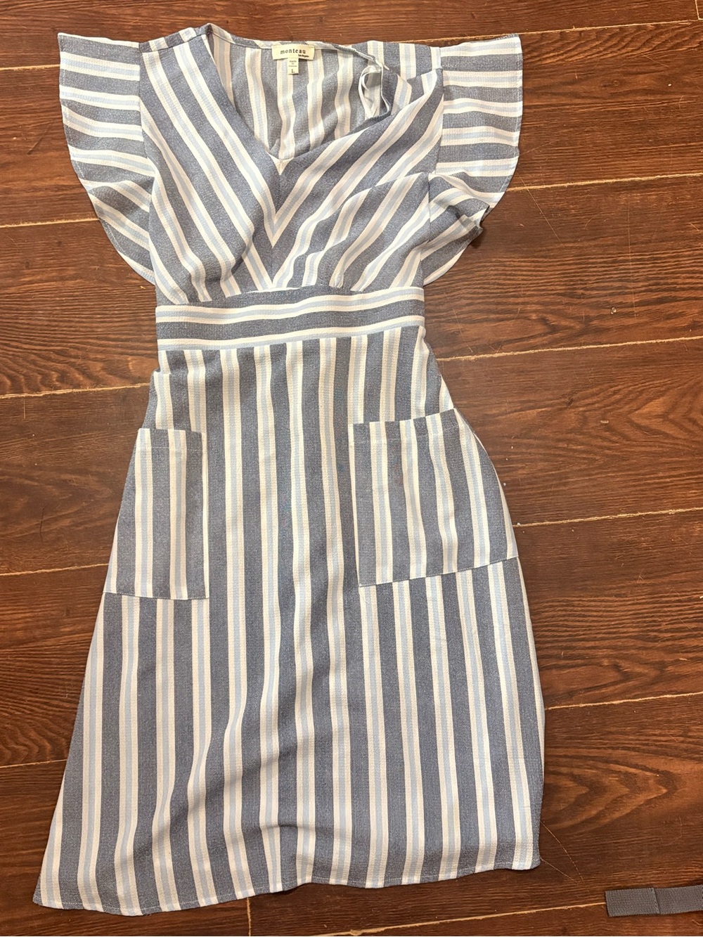 Monteau Blue and White Striped Midi Dress with Flutter Sleeves